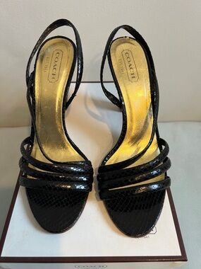Coach Beatriz Black Python embossed Leather Multi-Strap Slingback Heels